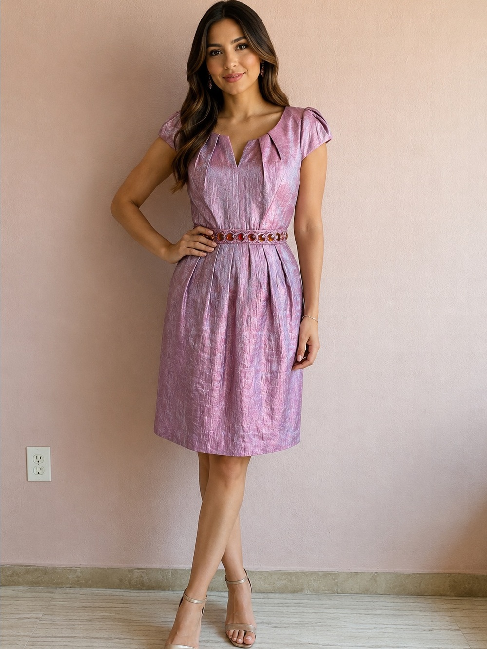 ADRIANA PAPELL  Shimmering Rose-Pink Jewel-Waist Midi Dress